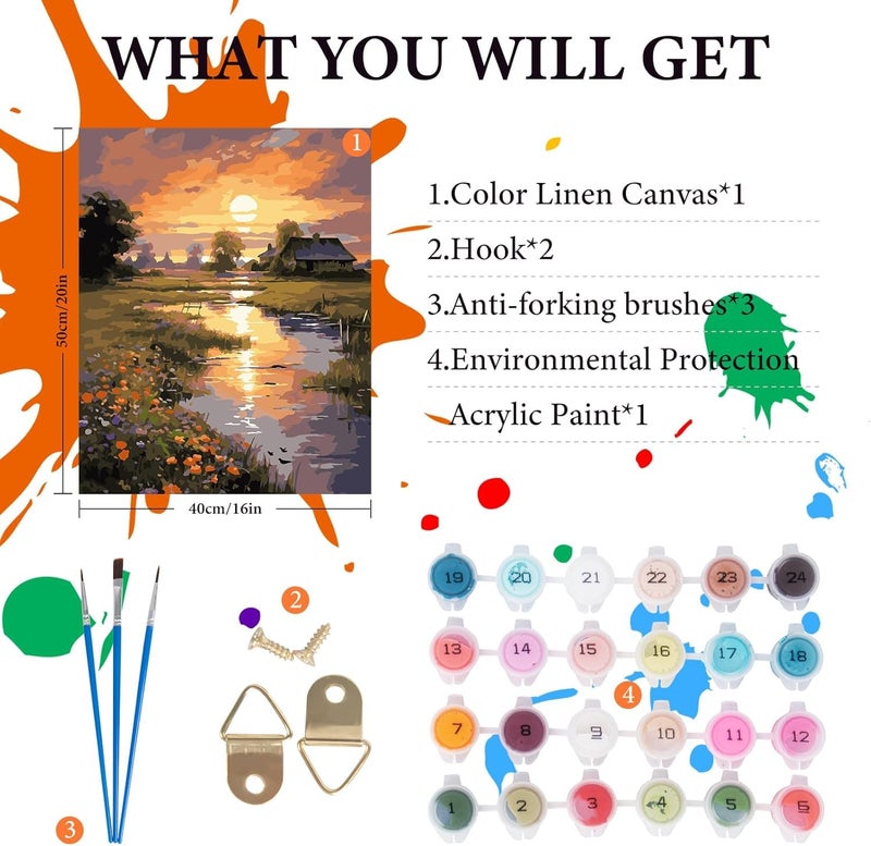 TREXEE Paint by Numbers Kit for Adults Beginner, Countryside Sunset Adult Paint by Number Kits on Canvas Without Frame, Riverside Cabin Oil Paint by Numbers for Home Decor Gift (50X40 CM)(without frame) - Image 5