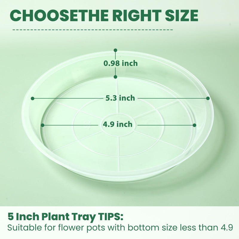 FUOAUYK 3 5 7 9 11 15 Inch Clear Plastic Plant Saucers for Indoors, 5 Pack Durable Plant Trays for Pots and Plant Water Catcher Tray with No Holes, Reusable Plastic Trays for Plants (5''-5Pack) - Image 3