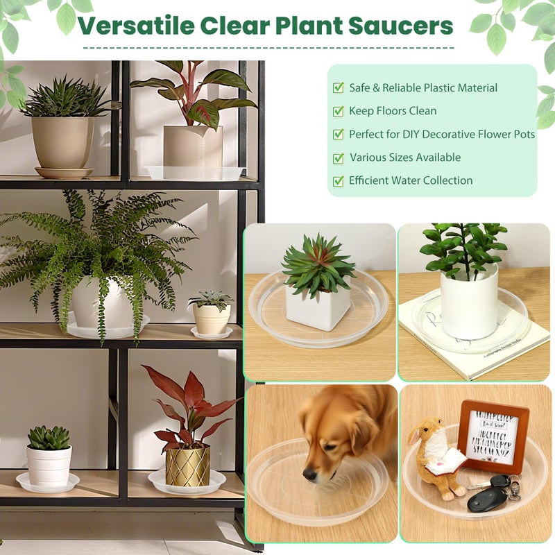 FUOAUYK 3 5 7 9 11 15 Inch Clear Plastic Plant Saucers for Indoors, 5 Pack Durable Plant Trays for Pots and Plant Water Catcher Tray with No Holes, Reusable Plastic Trays for Plants (5''-5Pack) - Image 4
