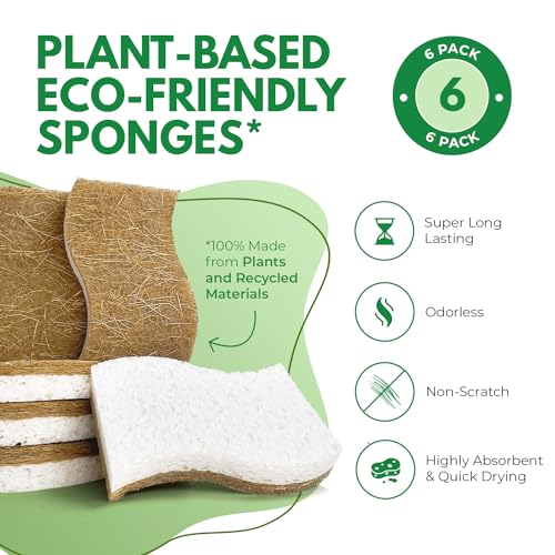 AIRNEX Biodegradable Natural Kitchen Sponge - Compostable Cellulose and Coconut Walnut Scrubber Sponge (6 Pack) - Image 2