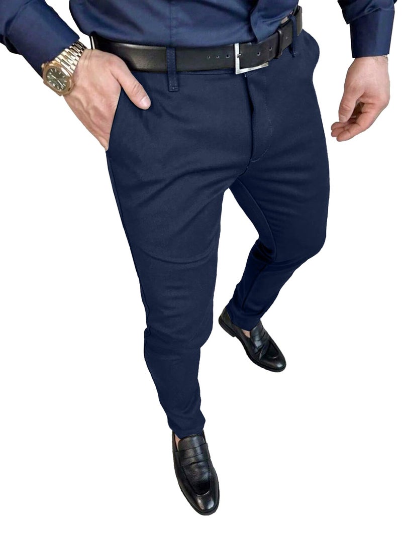 PLEPAN Men's Stretch Dress Pants Slacks Skinny Fit Tapered Trousers with Elastic Waistband Golf Pants, Dark Blue, S - Image 1