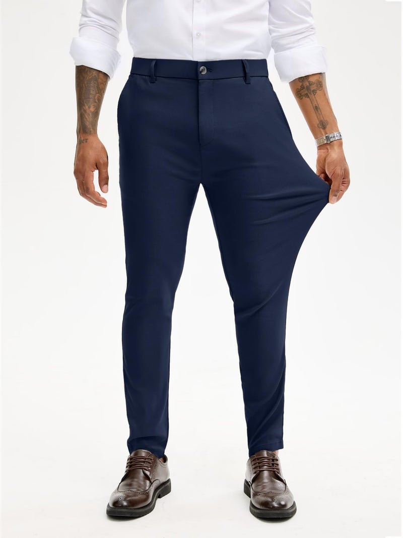 PLEPAN Men's Stretch Dress Pants Slacks Skinny Fit Tapered Trousers with Elastic Waistband Golf Pants, Dark Blue, S - Image 4