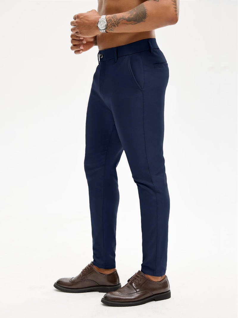 PLEPAN Men's Stretch Dress Pants Slacks Skinny Fit Tapered Trousers with Elastic Waistband Golf Pants, Dark Blue, S - Image 3