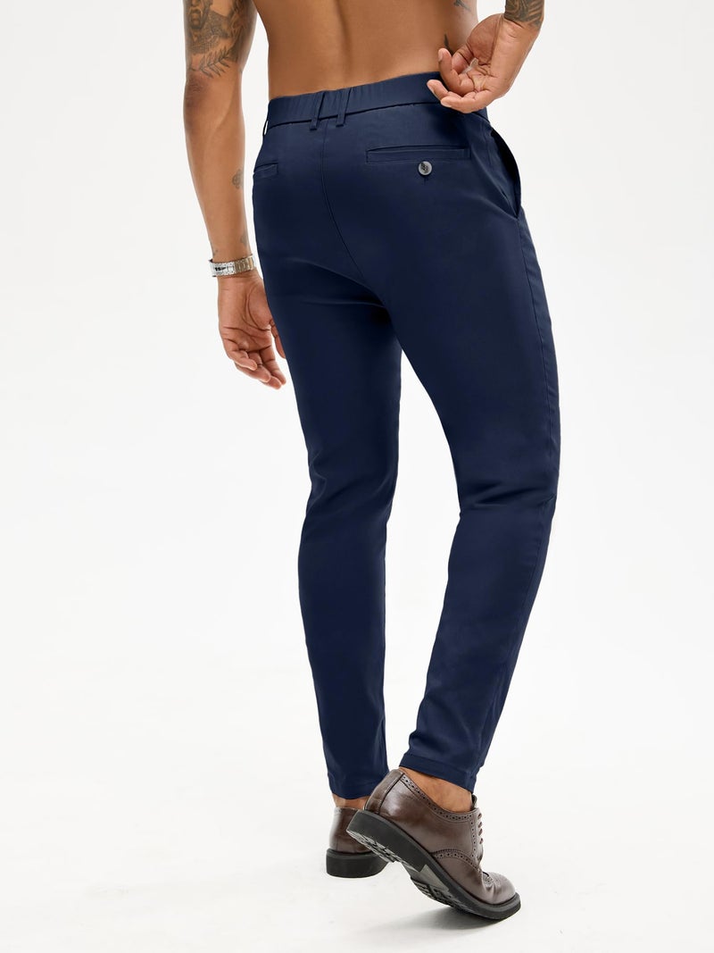 PLEPAN Men's Stretch Dress Pants Slacks Skinny Fit Tapered Trousers with Elastic Waistband Golf Pants, Dark Blue, S - Image 2