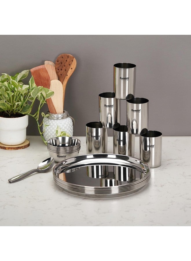 Sumeet Stainless Steel Solid Heavy Gauge Mirror Finish Dinner Set Of 24 Pcs (6 Plate, 6 Bowl/Wati, 6 Glass, 6 Spoon), Silver - Image 5