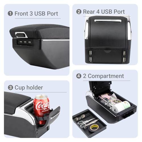HRCHCG Compatible with Nissan Versa 2020-2024 Adjustable Car Center Console Armrest, Dual USB Chargers Front Rear- Leather Waterproof Car Seat Arm Support, Easy Installation - Image 4