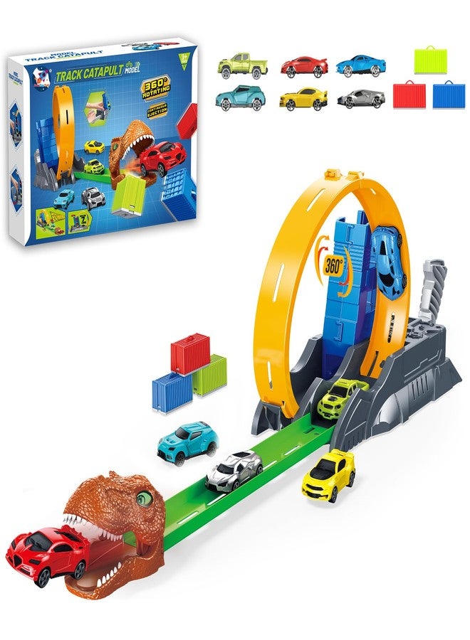Frontoytall Dinosaur Race Track Car Catapult Toy Set, 360° Rotating Loop and Launcher Includes 6 Die-cast Vehicles and Track Accessories, Educational Action Playset Gift for Kids Toddlers Boys Age 3+ - Image 1