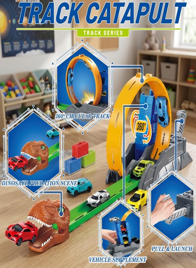 Frontoytall Dinosaur Race Track Car Catapult Toy Set, 360° Rotating Loop and Launcher Includes 6 Die-cast Vehicles and Track Accessories, Educational Action Playset Gift for Kids Toddlers Boys Age 3+ - Image 3