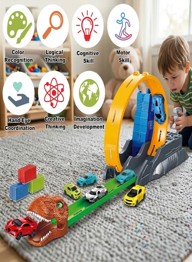 Frontoytall Dinosaur Race Track Car Catapult Toy Set, 360° Rotating Loop and Launcher Includes 6 Die-cast Vehicles and Track Accessories, Educational Action Playset Gift for Kids Toddlers Boys Age 3+ - Image 2