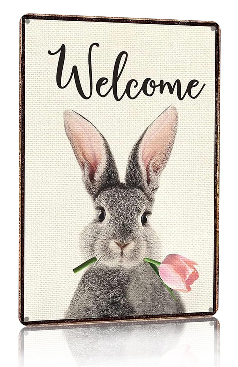 Smilelife Funny Bunny Tulip Welcome Vintage Tin Sign for Home Room Yard Garden Party Spring Decor 8 x12 Inch (3093) - Image 1