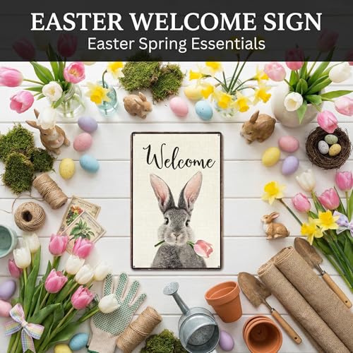 Smilelife Funny Bunny Tulip Welcome Vintage Tin Sign for Home Room Yard Garden Party Spring Decor 8 x12 Inch (3093) - Image 4