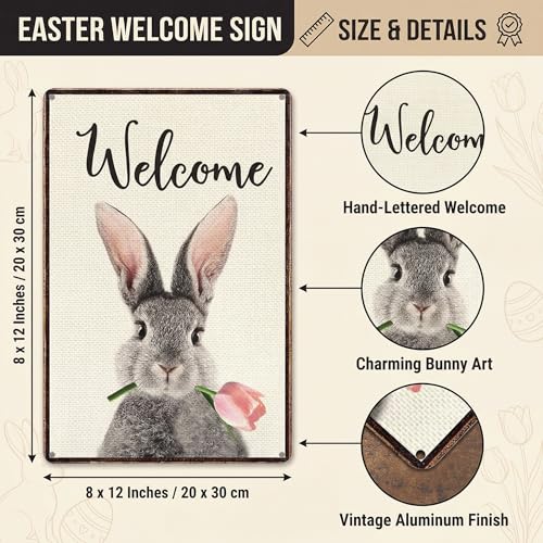 Smilelife Funny Bunny Tulip Welcome Vintage Tin Sign for Home Room Yard Garden Party Spring Decor 8 x12 Inch (3093) - Image 2