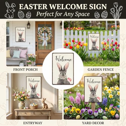 Smilelife Funny Bunny Tulip Welcome Vintage Tin Sign for Home Room Yard Garden Party Spring Decor 8 x12 Inch (3093) - Image 3