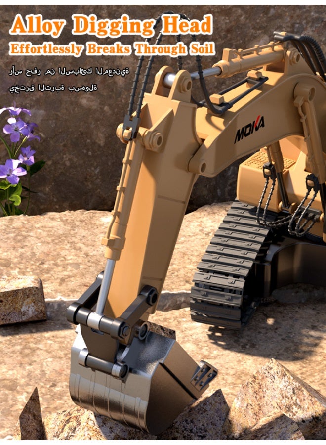 MOIKA Extra-large die-cast remote-controlled excavator toy, featuring 11 channels and 680° rotation, complete with lighting effects, sound effects and music functions. Suitable for children aged 4–10, this 39 cm large-scale construction vehicle makes an ideal gift. - Image 5