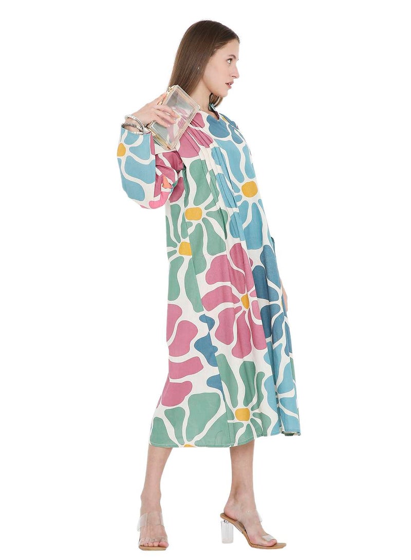 HANA & SARA HIGH QUALITY SHORT PRINTED FARASHA ARABIC KAFTAN JALABIYA DRESS  - Image 1