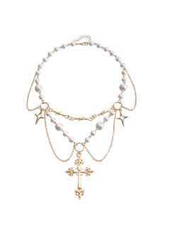 نيبمينينت European And American Jewelry Niche Design Double-layer Highlight Pearl Tassel Cross Star Necklace Female All-match 
