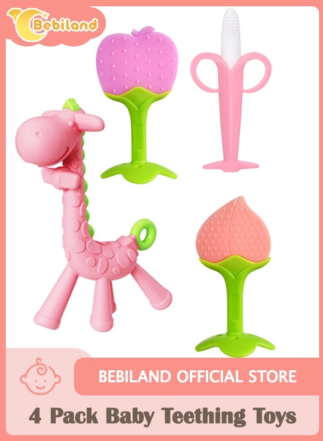بيبي لاند مجموعة العاب تسنين للاطفال من السيليكون على شكل فاكهة وزرافة خالية من البيسفينول ايه لتهدئة اللثة للاطفال الرضع والاطفال الصغار الاولاد والبنات من 4 قطع، وردي - Image 1
