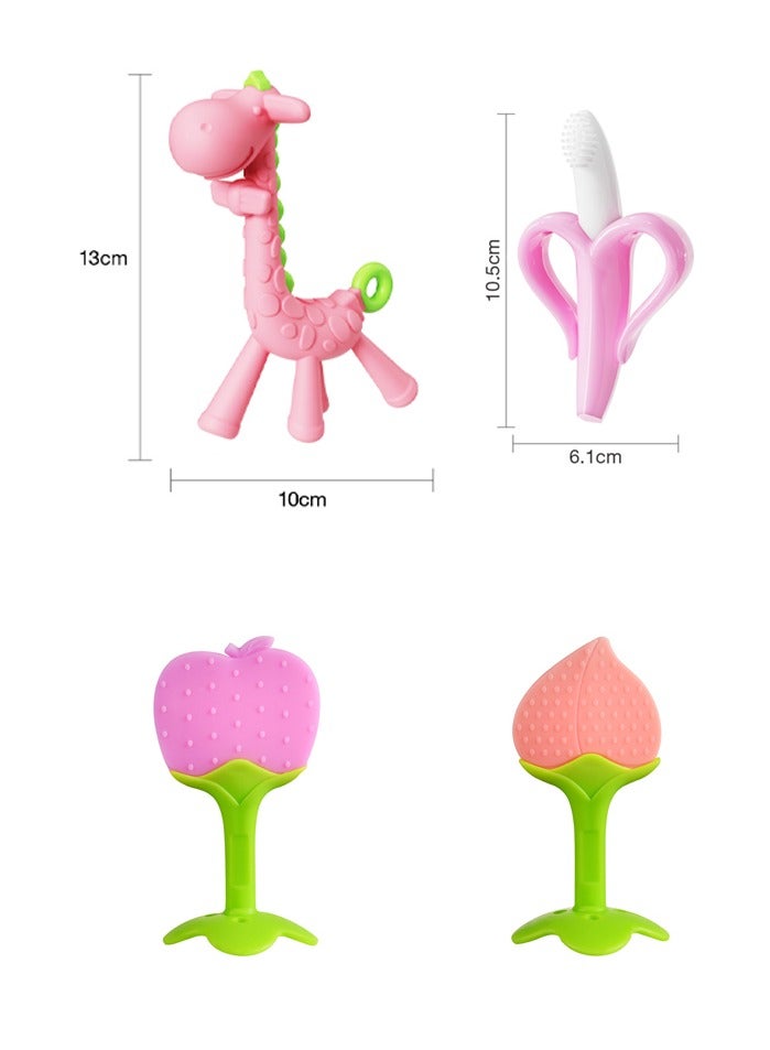 بيبي لاند مجموعة العاب تسنين للاطفال من السيليكون على شكل فاكهة وزرافة خالية من البيسفينول ايه لتهدئة اللثة للاطفال الرضع والاطفال الصغار الاولاد والبنات من 4 قطع، وردي - Image 2