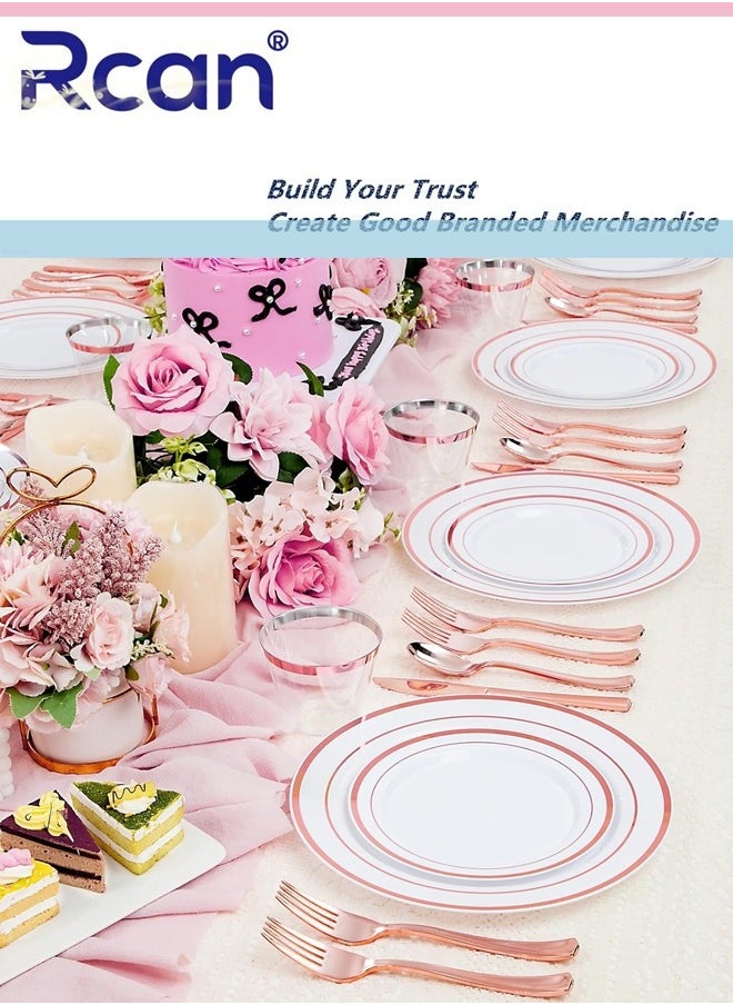 Rcan 150 Pcs/set Rose Gold Upscale Wedding Dining Party Disposable Plastic Cutlery Set, Party Supplies Plate, Spoon, Fork, Knife, Cup, Party Tableware (25 Guest)  - Image 2