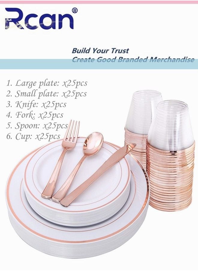 Rcan 150 Pcs/set Rose Gold Upscale Wedding Dining Party Disposable Plastic Cutlery Set, Party Supplies Plate, Spoon, Fork, Knife, Cup, Party Tableware (25 Guest)  - Image 1