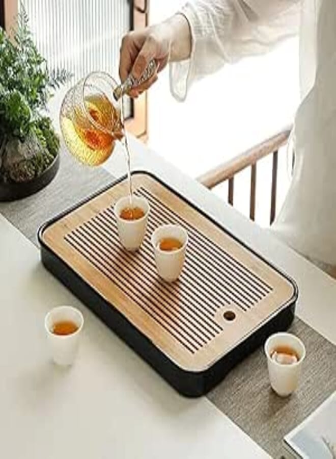 Generic Bamboo Tea Serving Tray with Drainage, 2-in-1 Design, Melamine Frame, Black and Natural Wood .db