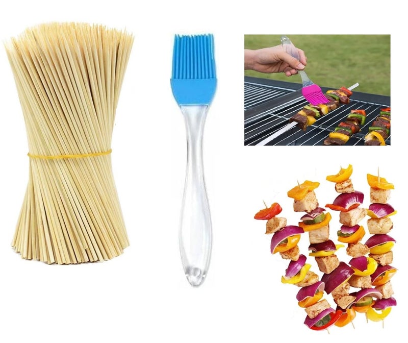 Stager Wooden Skewers/BBQ Sticks for Seekh, Kabab, Paneer, Tikka & Silicone Oil Brush for Cooking, Pastry Brushes for Grilling, Tandoor, BBQ. Stick 100pcs (10 Inch) + Oil Brush (Pack of 1-17cmX3cm). - Image 1