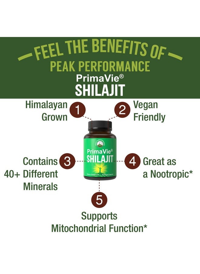 Peak Performance - Primavie® Purified Shilajit Capsules Made With Pure Shilajit Powder. Clinically Tested Natural Supplement With 40+ Trace Minerals Fulvic Acid. Tablets Support Mitochondria + Brain Function - Image 1