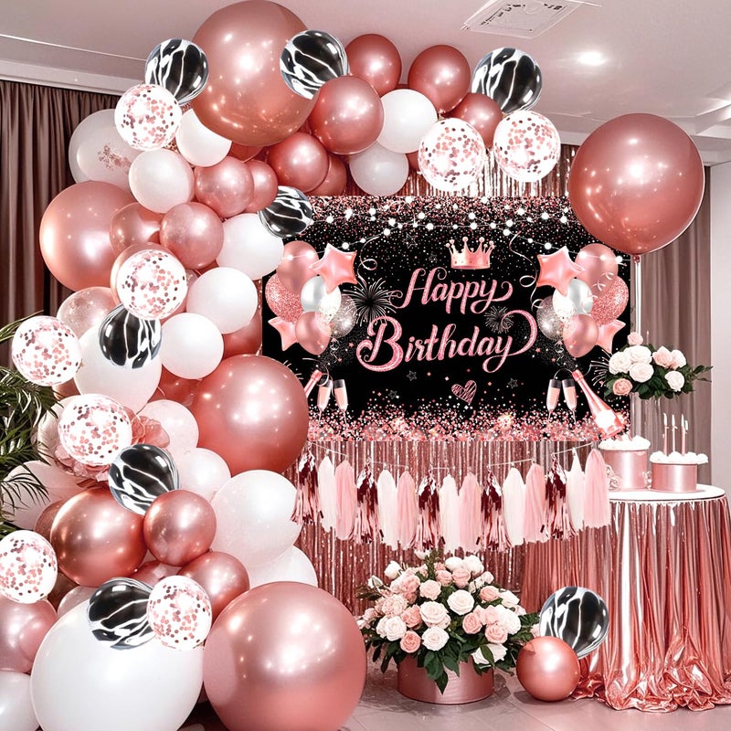 YinQin 80 PCS Rose Gold Happy Birthday Balloons Set with Photo Background Backdrop Banner Cloth Pink Gold Bday Party Balloon Decoration Gliter Rose Golden Happy Birthday Party Supplies for Girl Women - Image 3