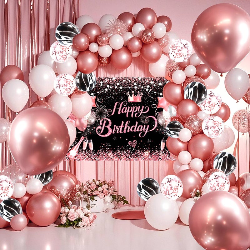 YinQin 80 PCS Rose Gold Happy Birthday Balloons Set with Photo Background Backdrop Banner Cloth Pink Gold Bday Party Balloon Decoration Gliter Rose Golden Happy Birthday Party Supplies for Girl Women - Image 2