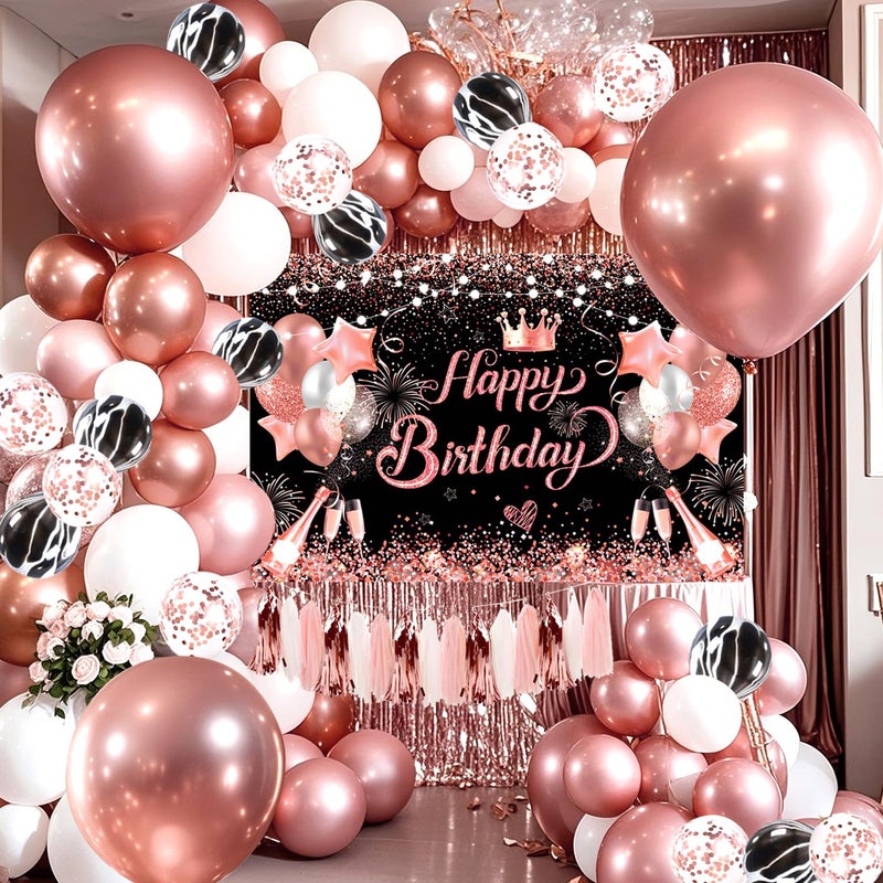 YinQin 80 PCS Rose Gold Happy Birthday Balloons Set with Photo Background Backdrop Banner Cloth Pink Gold Bday Party Balloon Decoration Gliter Rose Golden Happy Birthday Party Supplies for Girl Women - Image 1