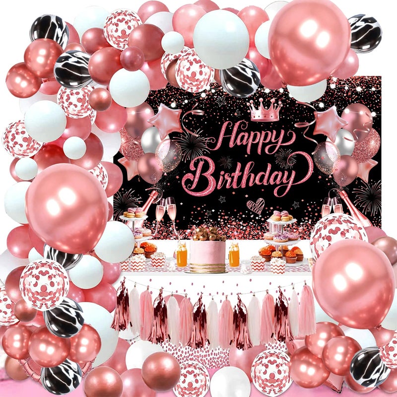YinQin 80 PCS Rose Gold Happy Birthday Balloons Set with Photo Background Backdrop Banner Cloth Pink Gold Bday Party Balloon Decoration Gliter Rose Golden Happy Birthday Party Supplies for Girl Women - Image 4