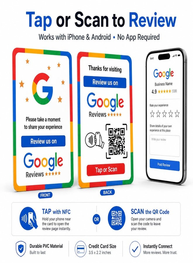QRLynk NFC Tap Google Review Card - Boost Customer Feedback with Tap & Scan QR - No App, No Subscription - Works on iPhone & Android (6 Pack) - Image 3