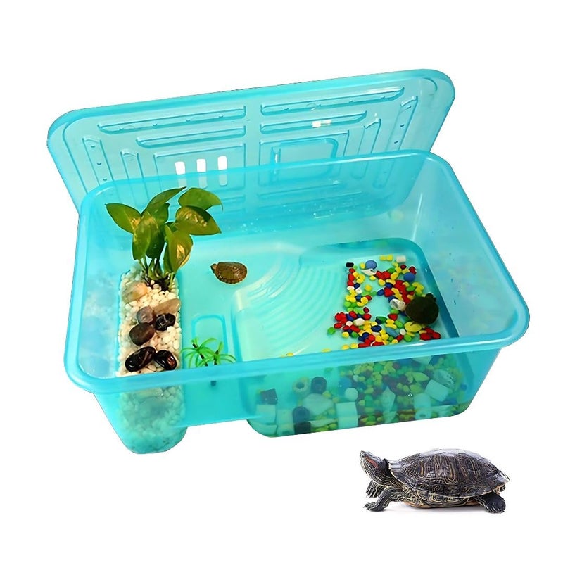 PET FUN Turtle Tank Aquarium with Lid | Habitat for Turtles, Crayfish, Reptiles Breeding Hermit Crab | Basking Ramp, Swimming Area & Safe with Escape Prevention (No Accessories) (Medium) - Image 1