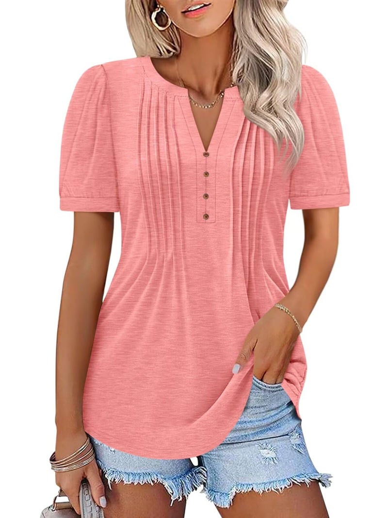 TICTICMISS Women's Pleated V Neck T Shirts Puff Short Sleeve Tops Henley Business Casual Summer Blouses Pink - Image 1