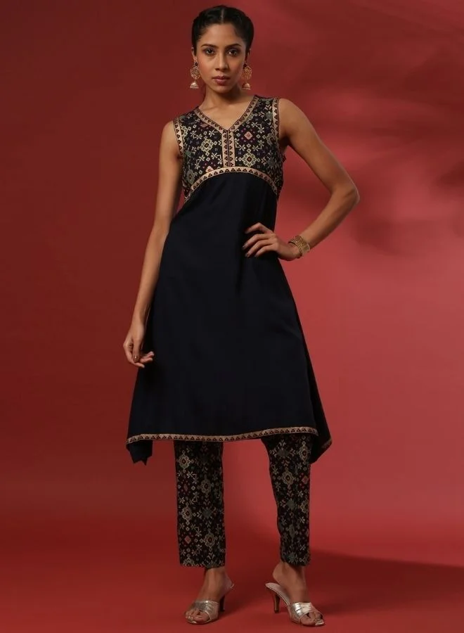 أبهشتي curved hem printed 2pc kurta set-navy