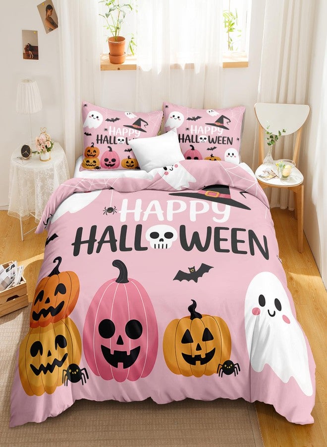 Bedorm Cute Halloween Bedding King Pink Pumpkin Duvet Cover Set White Ghost Black Bat Spider Web Spooky Cartoon Pattern Girls Teens Halloween Decor Extra Soft Durable Comforter Cover - Image 2