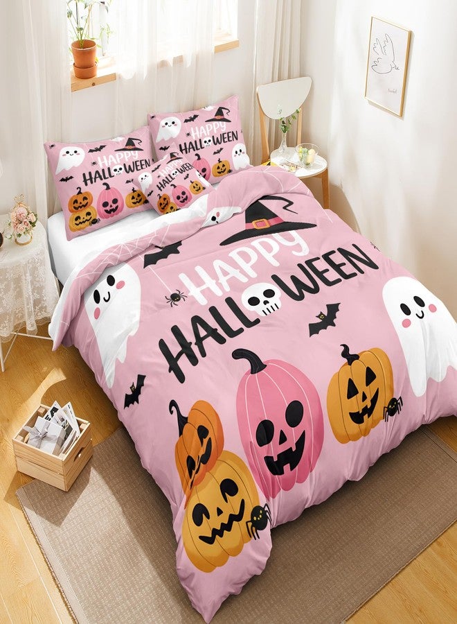 Bedorm Cute Halloween Bedding King Pink Pumpkin Duvet Cover Set White Ghost Black Bat Spider Web Spooky Cartoon Pattern Girls Teens Halloween Decor Extra Soft Durable Comforter Cover - Image 3