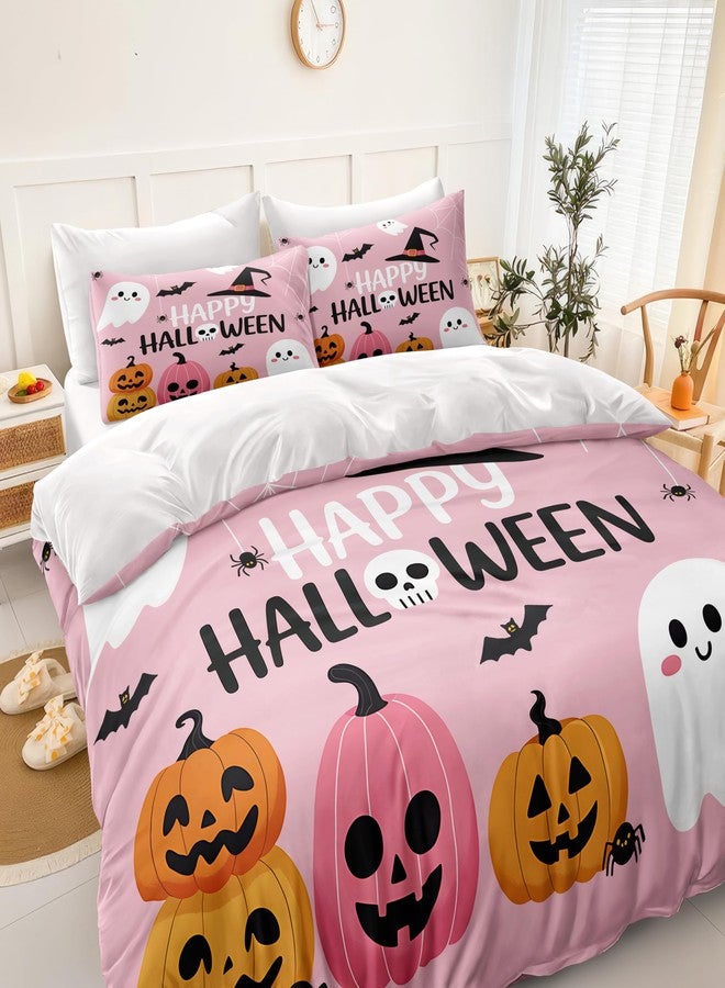 Bedorm Cute Halloween Bedding King Pink Pumpkin Duvet Cover Set White Ghost Black Bat Spider Web Spooky Cartoon Pattern Girls Teens Halloween Decor Extra Soft Durable Comforter Cover - Image 1