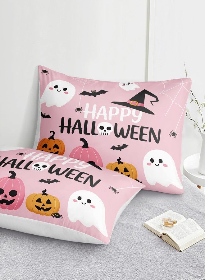 Bedorm Cute Halloween Bedding King Pink Pumpkin Duvet Cover Set White Ghost Black Bat Spider Web Spooky Cartoon Pattern Girls Teens Halloween Decor Extra Soft Durable Comforter Cover - Image 5