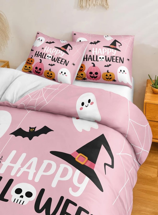 Bedorm Cute Halloween Bedding King Pink Pumpkin Duvet Cover Set White Ghost Black Bat Spider Web Spooky Cartoon Pattern Girls Teens Halloween Decor Extra Soft Durable Comforter Cover - Image 4