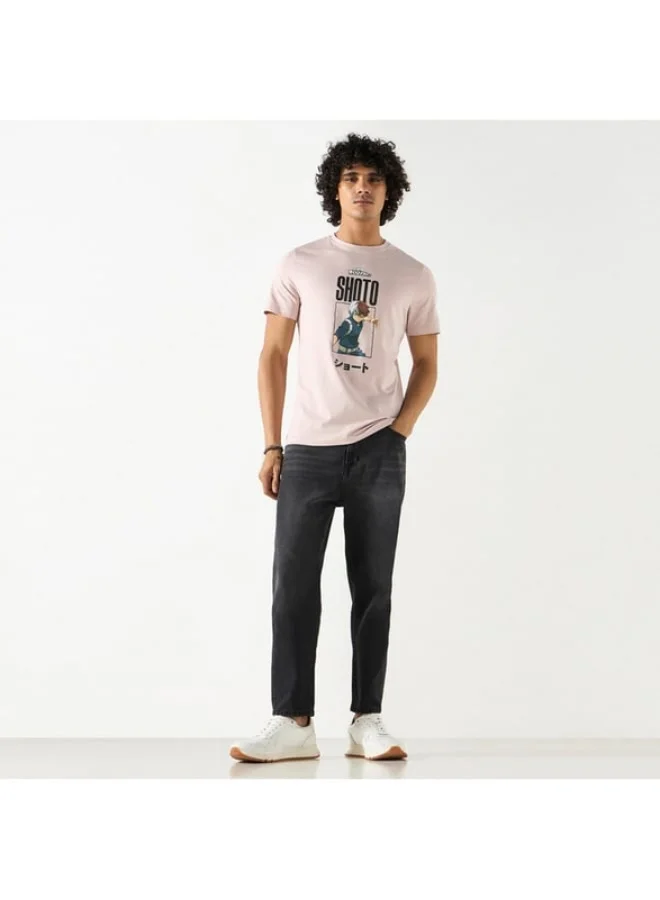 SP Characters Shoto Print T-shirt with Crew Neck and Short Sleeves