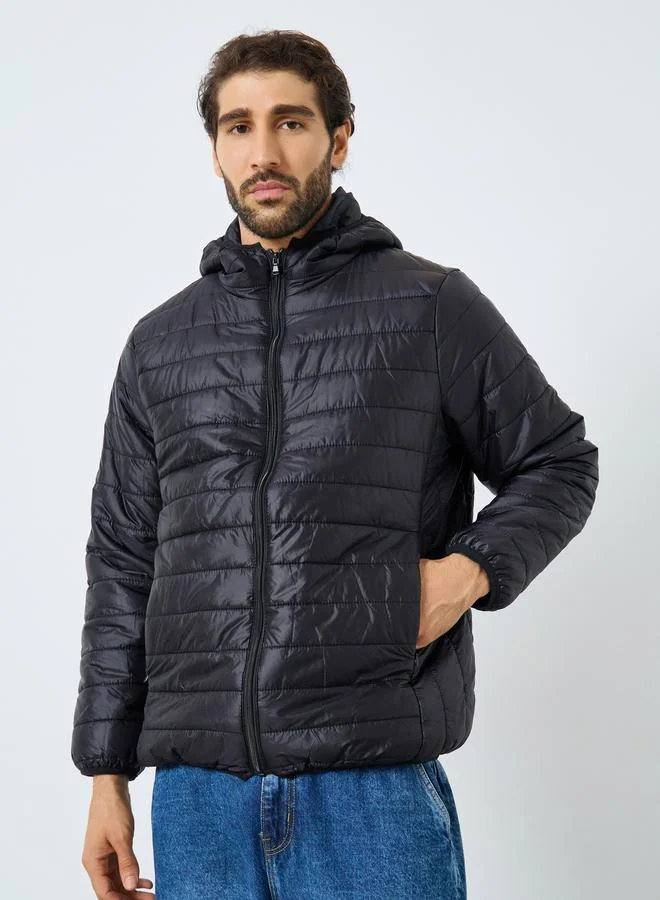 Styli  Men Black Oversized Puffer Jacket with Hood for Men | Best Price UAE