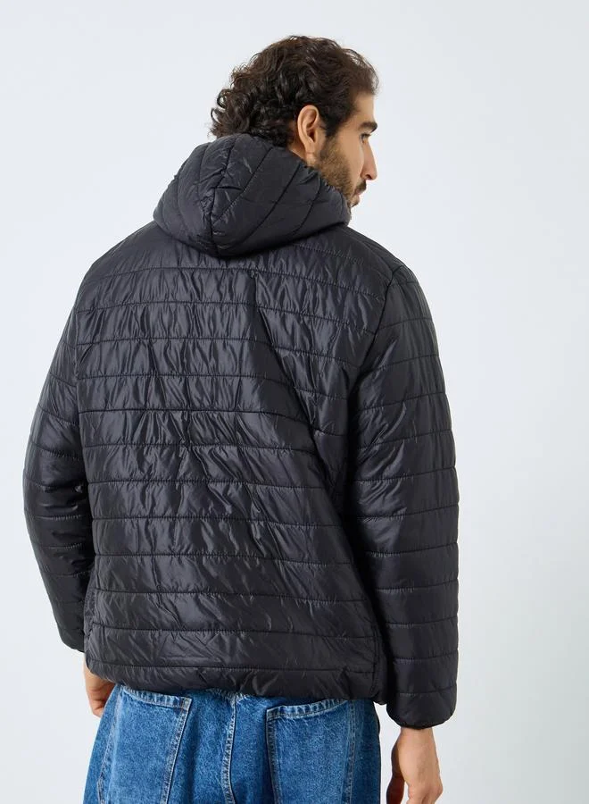 Styli  Men Black Oversized Puffer Jacket with Hood for Men | Best Price UAE