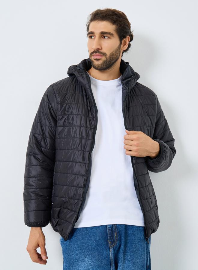 Styli Men Black Oversized Puffer Jacket with Hood - Image 1