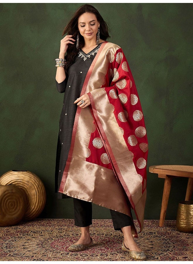 AKS Black & Gold Toned Embroidered Kurta And Trousers With Banarasi Dupatta - Image 1
