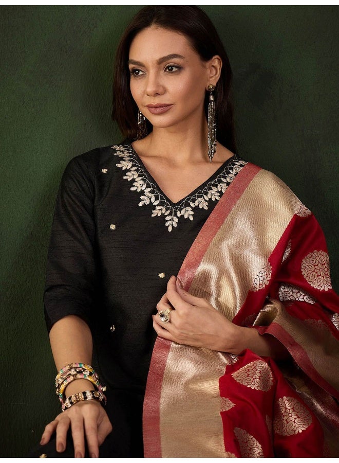 AKS Black & Gold Toned Embroidered Kurta And Trousers With Banarasi Dupatta - Image 2