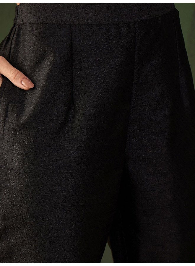 AKS Black & Gold Toned Embroidered Kurta And Trousers With Banarasi Dupatta - Image 3