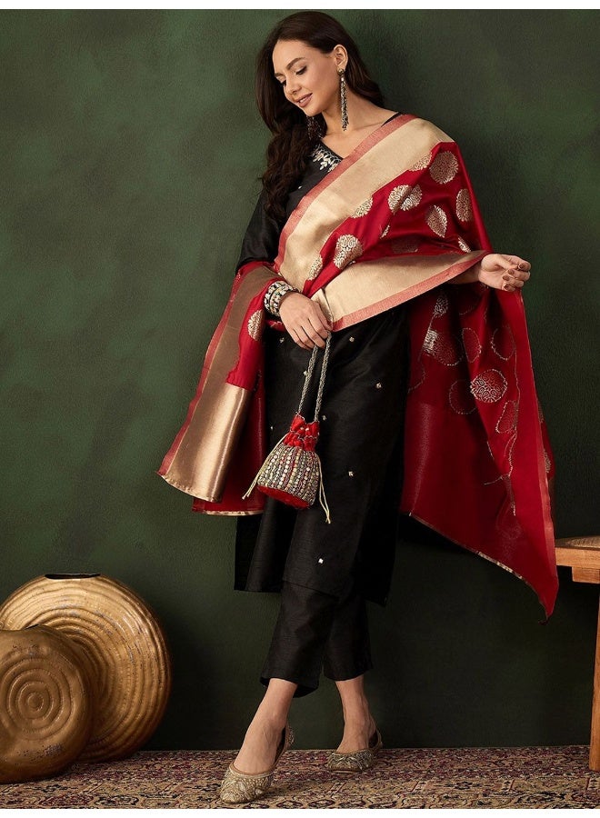 AKS Black & Gold Toned Embroidered Kurta And Trousers With Banarasi Dupatta - Image 5