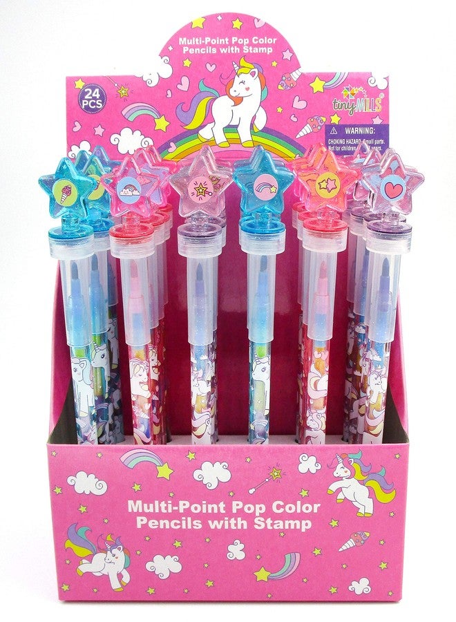 TINYMILLS 24 Pcs Unicorn Rainbow 2 in 1 Stacking Crayons with Stamp Topper, Kids Party Favors, Pinata Fillers for Girls Birthday Party, Goodie Bag Stuffers, Classroom Prizes Rewards - Image 1