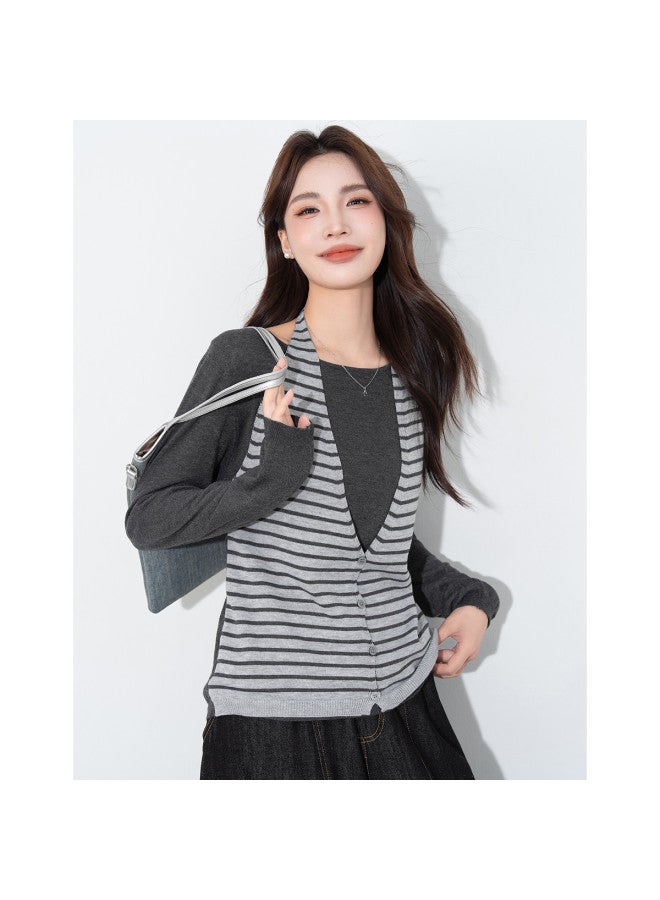 Baleno [Contains Wool] Faux Two-Piece Layered Women'S Knitwear With Neck Tie, Fashionable Korean-Style Long-Sleeve Top - Image 2